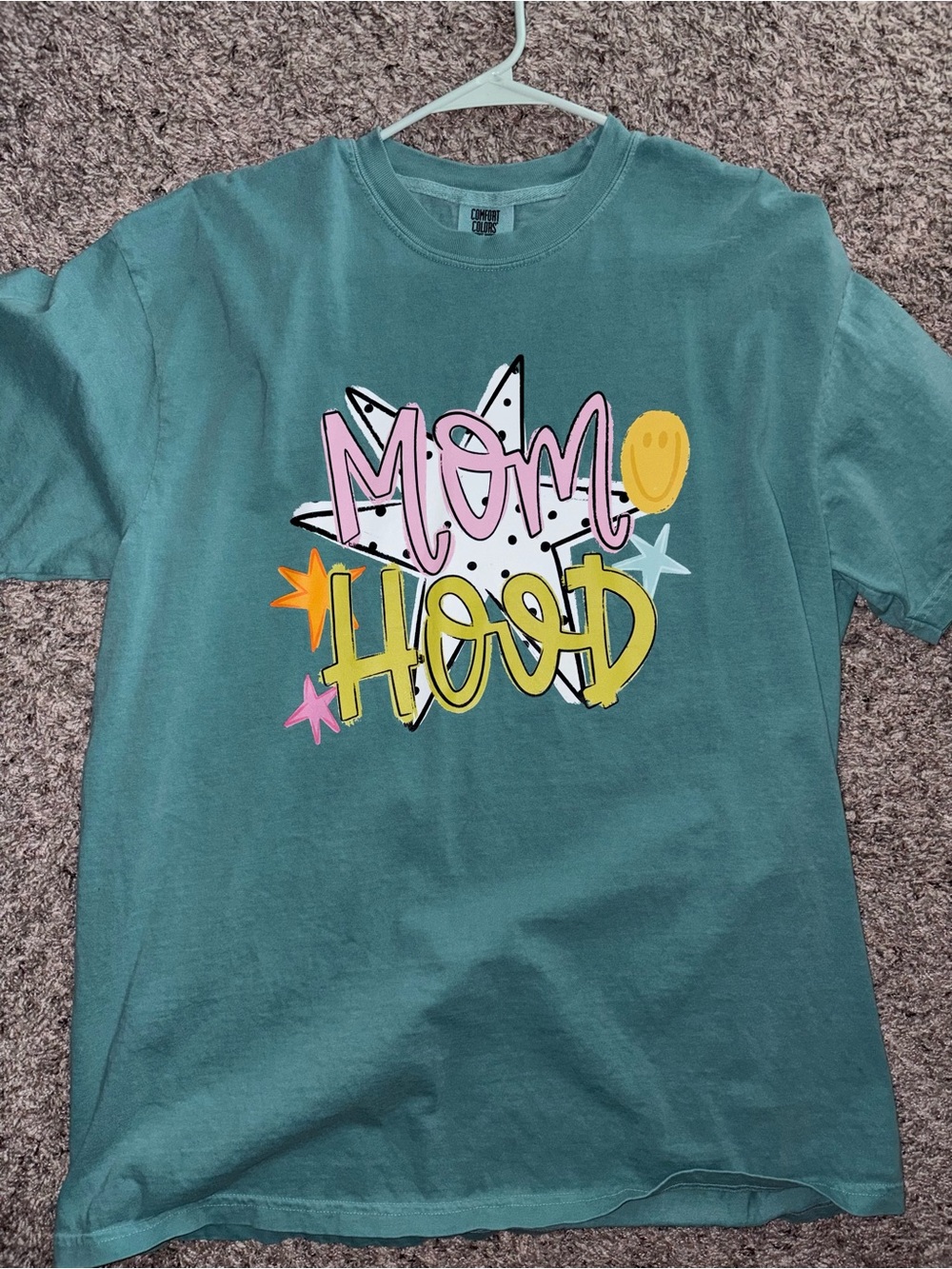 Comfort Colors Teal "Mom Hood" Graphic Tee with Colorful Print
